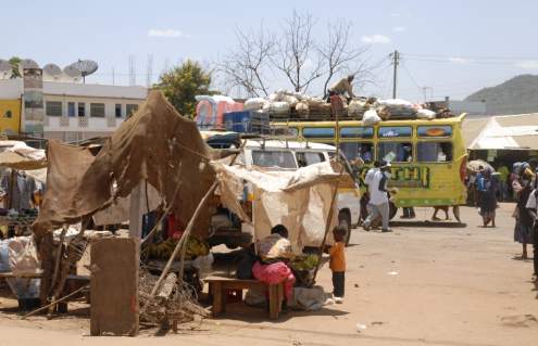 Typical roadside market booth in the center of Voi, a city situated in the south of Kenya, at the main road connecting Nairobi and Mombasa.