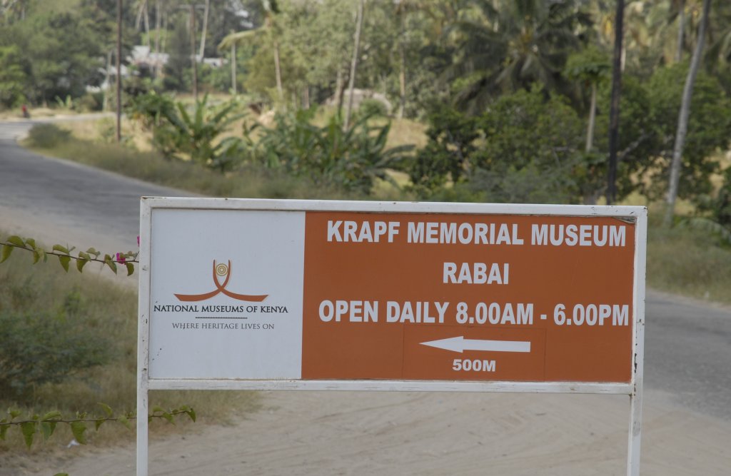 Road sign at the crossroads to the former mission building of Wurttemberg pastor Dr. Ludwig Krapf, the first European missionary who came to East Africa in the mid-19th century.