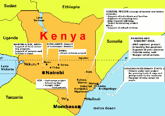 Click to view higher resolution version of map! Map of Kenya depicting some project locations supported by the society (due to font size used, approximate locations only).