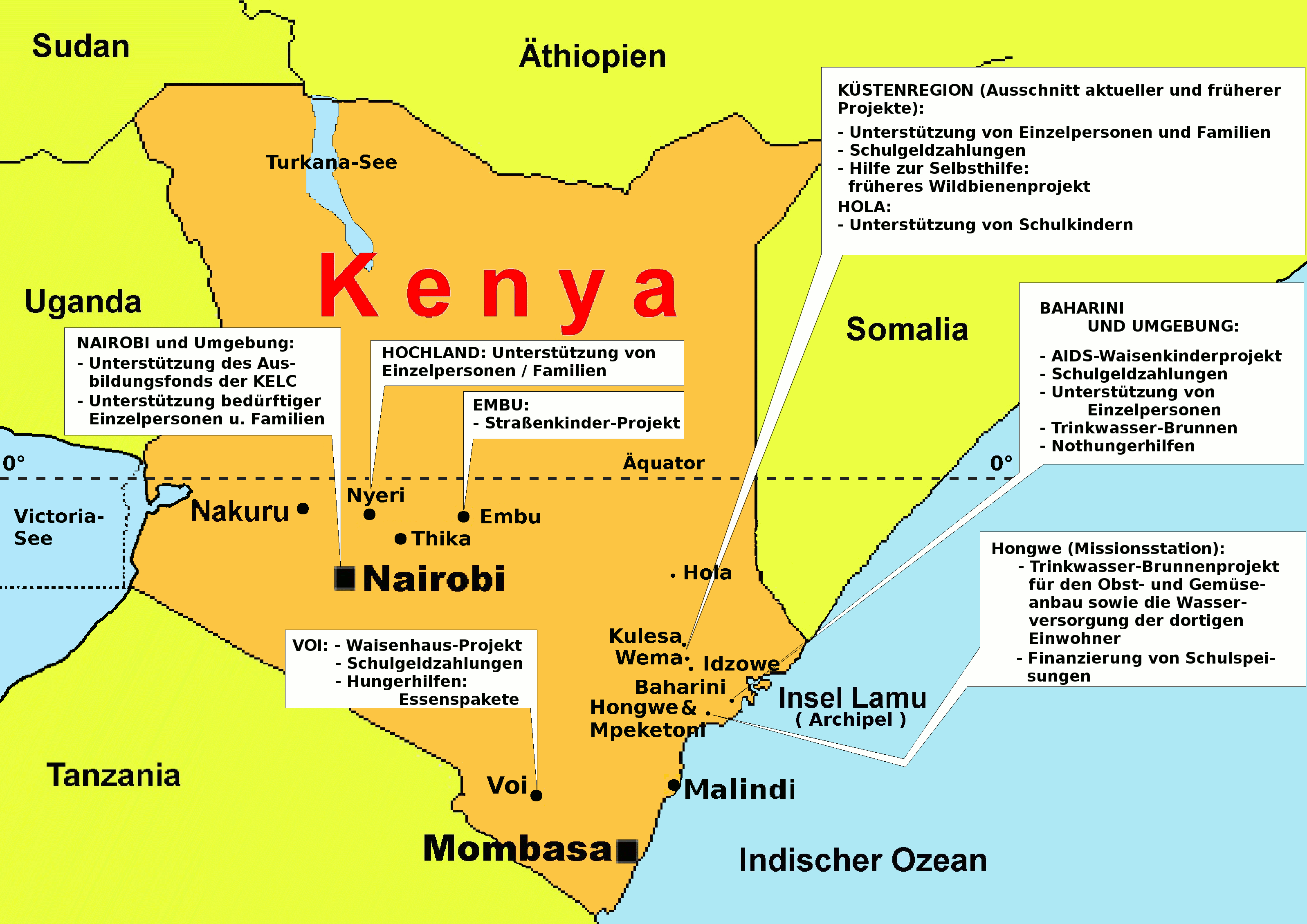 Karte von Kenya mit Lage von einigen Projekten, welche vom Verein unterst&uuml;tzt werden (Abbildung nicht ma&szlig;st&auml;blich; Zeichengenauigkeit durch Schriftgr&ouml;&szlig;e beeinflu&szlig;t).